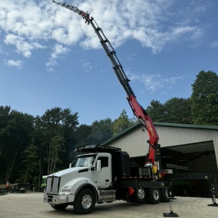 Crane boom extended overhead against the sky, showing the reach available for tall tree removals